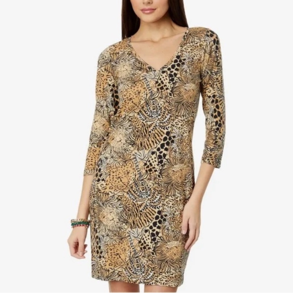 Lilly Pulitzer Animal Print Tan Sheath Mini Dress V-Neck 3/4 Sleeve